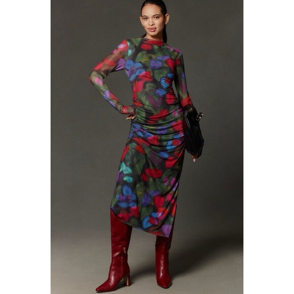 Anthropologie Farm Rio Midi Dress Long Sleeve Mock Neck Mesh Slim Boho Large NWT